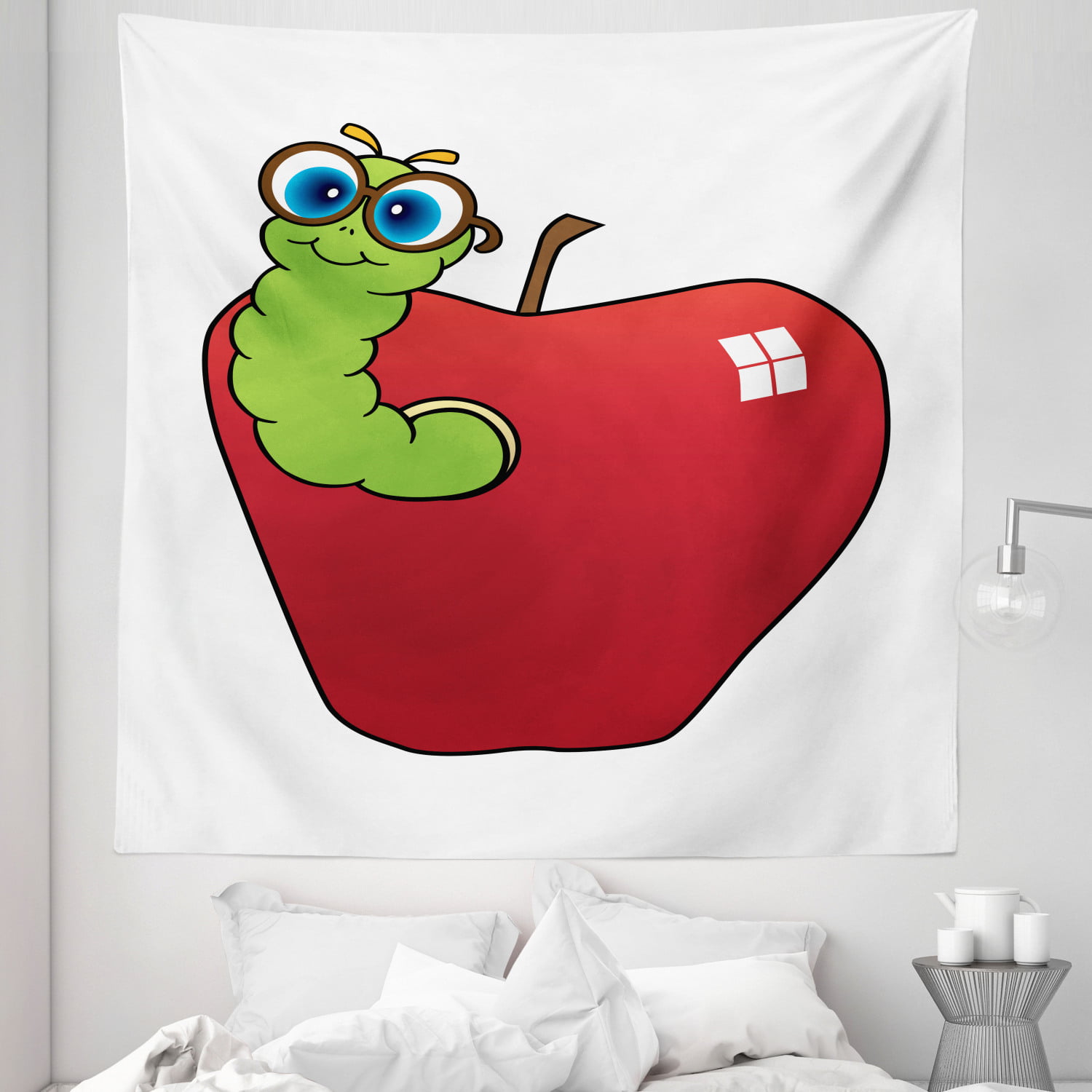 Nerd Tapestry, Funny Cartoon Intelligent Worm with Glasses Apple Colorful  Illustration, Fabric Wall Hanging Decor for Bedroom Living Room Dorm, 5  Sizes, Dark Pink and Lime Green, by Ambesonne 