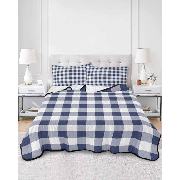 Quilts Queen Size, Navy Blue White Plaid Soft Comforter Bedding Set for Bed, Farmhouse Checkered Buffalo Lightweight Quilted Bedspread with Pillow Cover(2 Pieces) for All Season, 90x96 Inch