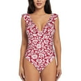 thumbnail image 2 of Yiaed Red Flowers Print Women's Ruffled One Piece Swimsuit V Neck Swimwear Slimming Monokini for Woman-Large, 2 of 8