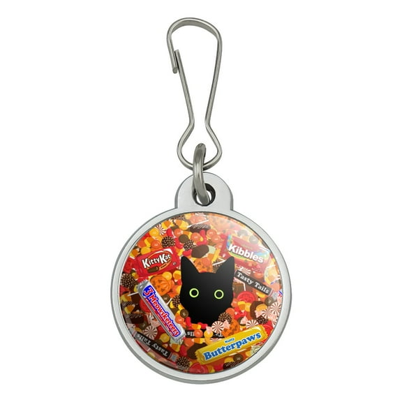 Halloween Black Cat Hiding in Candy  Jacket Handbag Purse Luggage Backpack Zipper Pull Charm