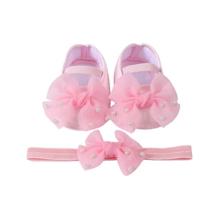 Mildsown Baby Girls Baptism Shoes and Headband Pearl Bow Flats and Hairband
