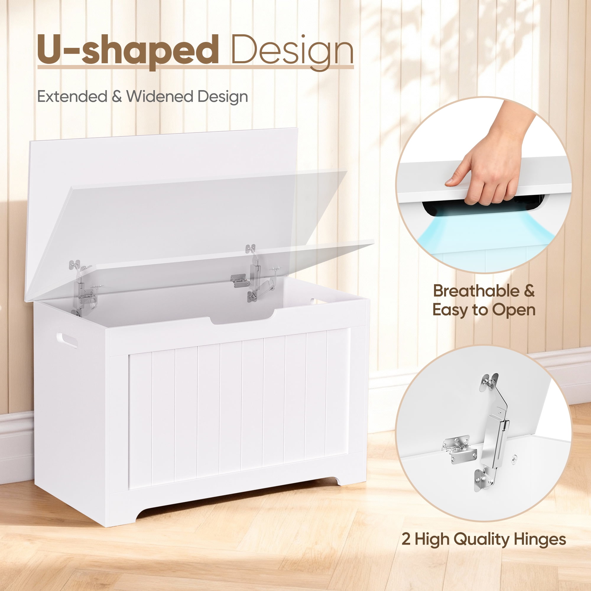 HomGarden 30'' Large Wooden Toy Chest, Kids Storage Box Cabinet W/ Safety Hinged Lid, 150L, White