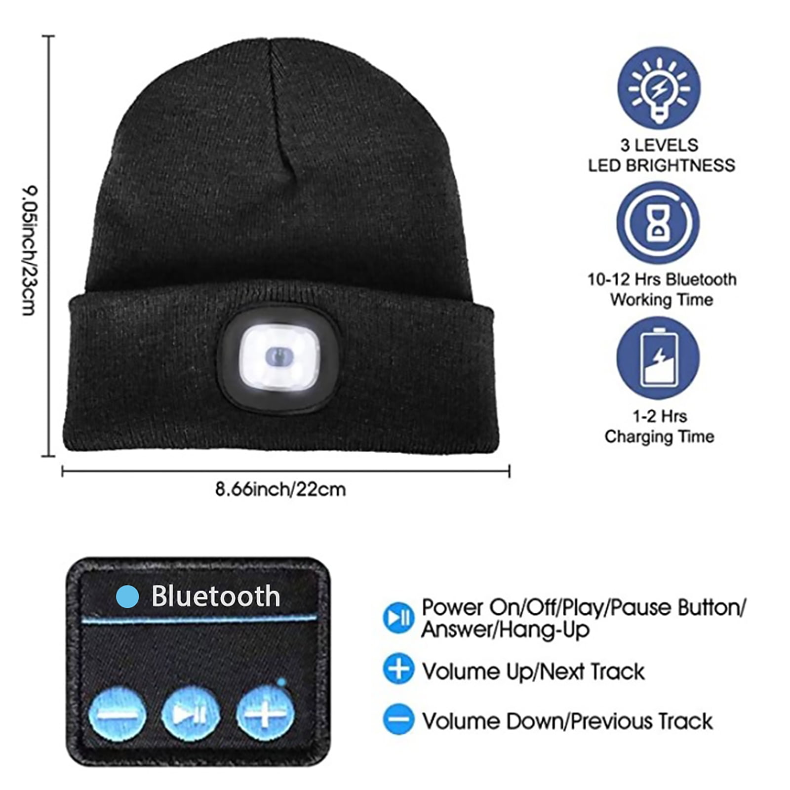 Viworld Unisex Bluetooth Beanie Hat with Light,4 LED USB Rechargeable  Wireless Headphones Tech Caps,Gifts for Men Women Teen Boys (Black) 