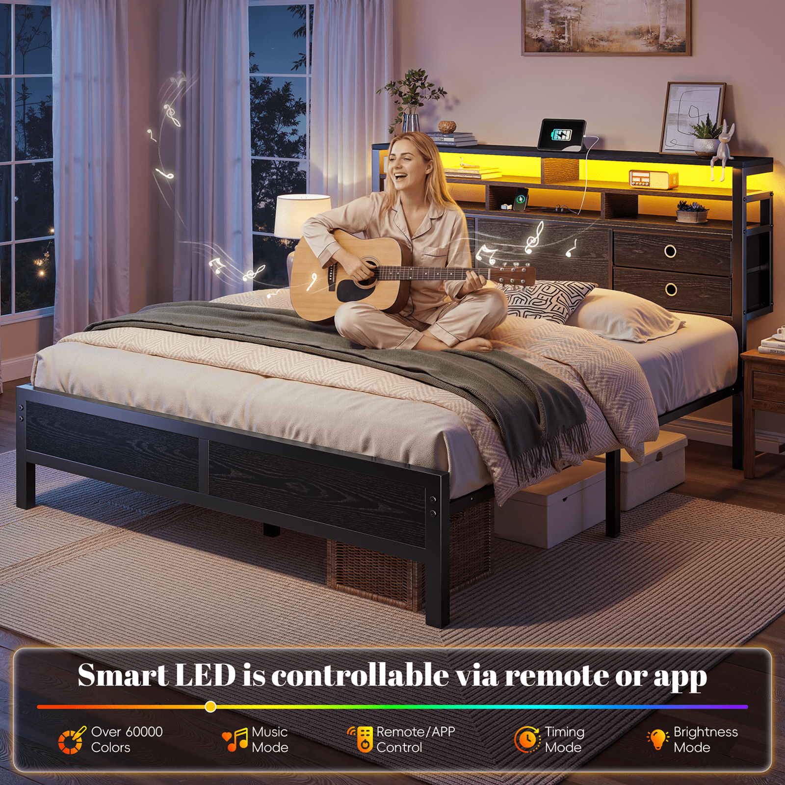 EnHomee Metal Bed Frame King with Headboard Metal Bed Frame with 4 Storage Drawers & 2-Tier Shelf & LED Light & Charge Station,Black