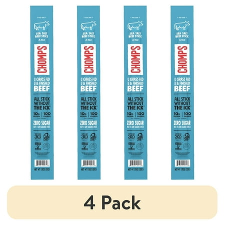 (4 pack) Chomps Grass-Fed and Finished Sea Salt Beef Jerky Meat Snack, 1.15oz Stick
