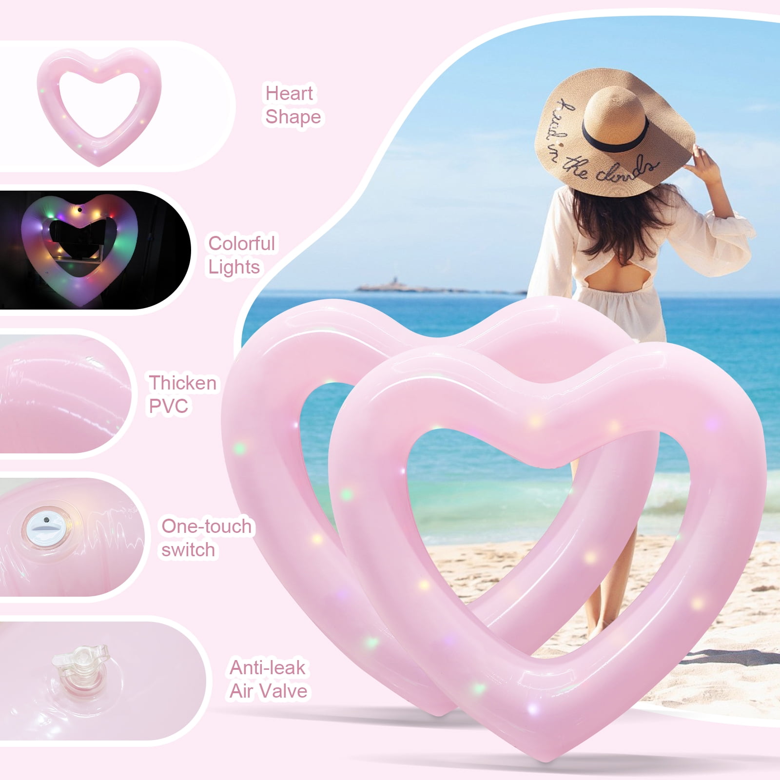 RoamReady 2 Pcs 47'' Heart Inflatable Pool Floats, LED Lighted Swim Rings for Adults Summer Beach Water Party Toys