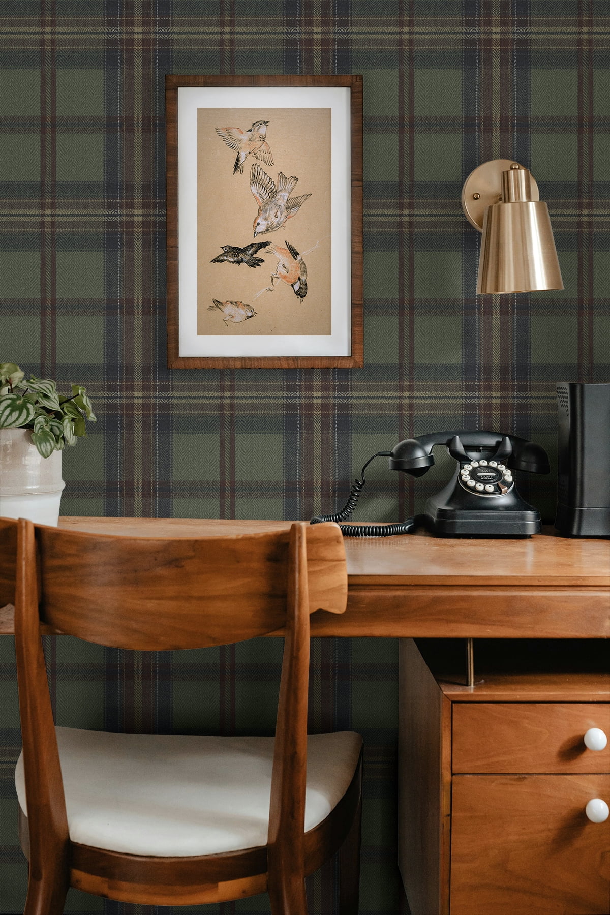 Harry & Grace Adobe & Antique Green Herringbone Plaid Premium Matte Non-Woven Peel and Stick Wallpaper - 20.5 in. W x 18 ft. L Roll