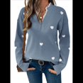 thumbnail image 3 of Suéter con Estampado de Corazones para Mujer, Cuello en V, Jersey de Punto con Ribete de Encaje Azul M, 3 of 10