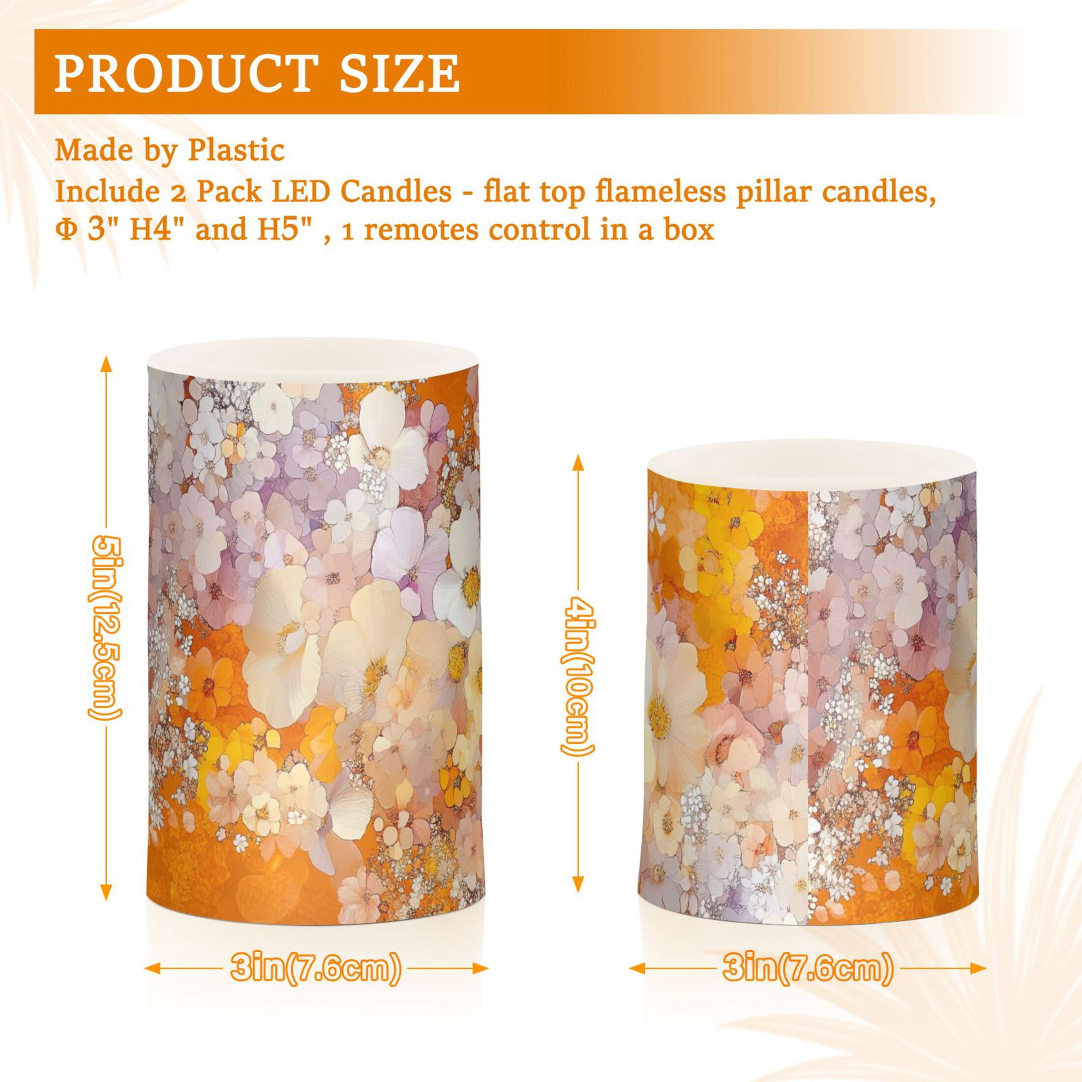 Orange Gradient Watercolor Flower Flickering Flameless Candles Battery Operated with Remote Timer LED Pillar Candles Set of 2