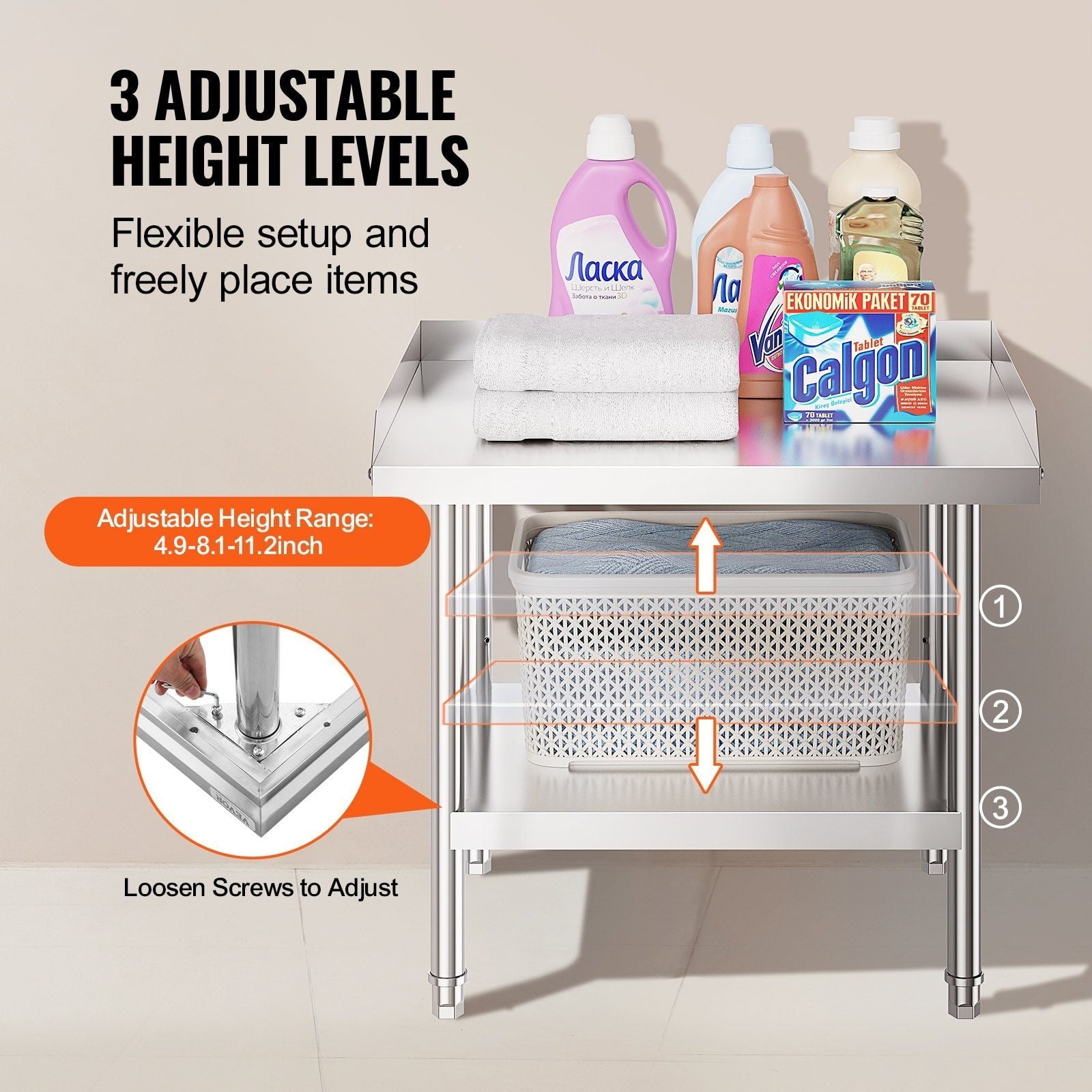 CAFORKP 24x28" Food Prep Worktable - Stainless Steel 3-Sided Backsplash Adjustable