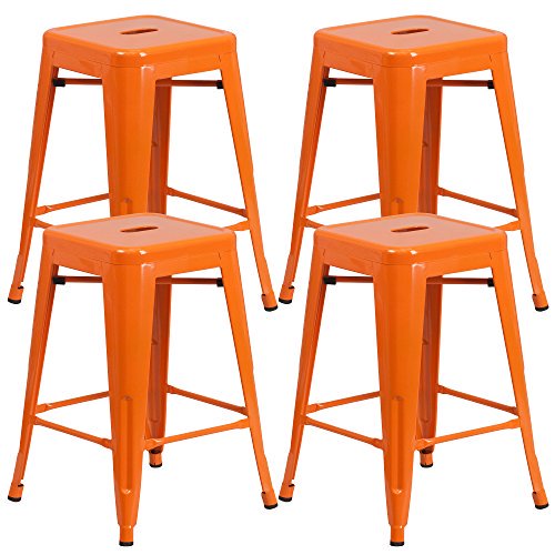 Vogue Furniture Direct 24" High Barstools Backless Orange Metal Barstool Indoor-Oudoor Counter Height Stool with Square Seat, Set of 4