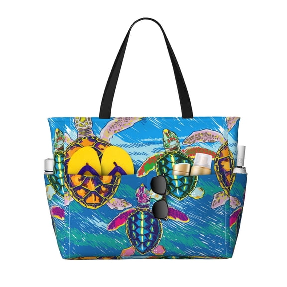 Wukai Little Sea Turtles Print Zipper Bag,large Beach Tote Bag,Waterproof Sandproof Bag,Grocery and Picnic Tote Travel Bag