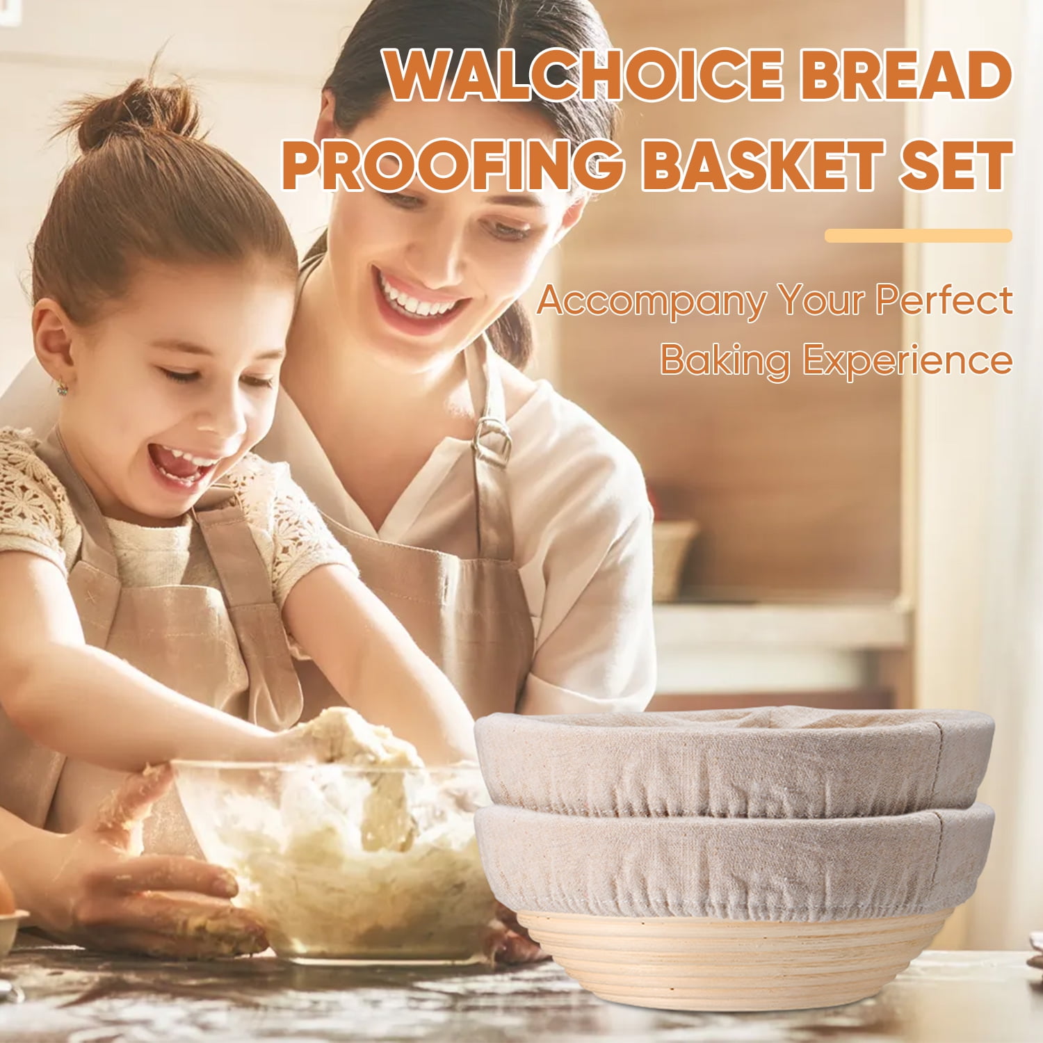 Walchoice Sourdough Bread Proofing Basket Set of 2, 9 Inch Round Dough Proofing Bowls, Sourdough Bread Baking Supplies for Bakers, Handmade Rattan Baskets with Liners