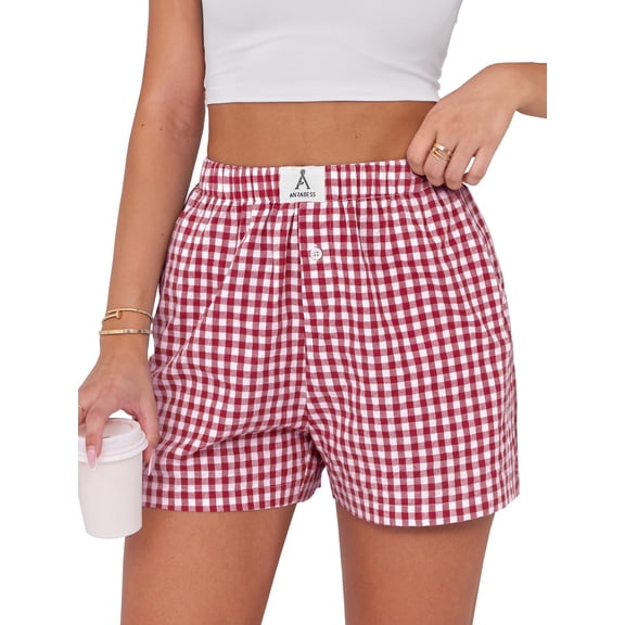 ANRABESS Boxer Shorts for Women Pajama Gingham Shorts 2026 Summer Casual Lounge Shorts Elastic Waist Beach Sleep Shorts Trendy Y2K Plaid Pajama Bottoms with Pockets