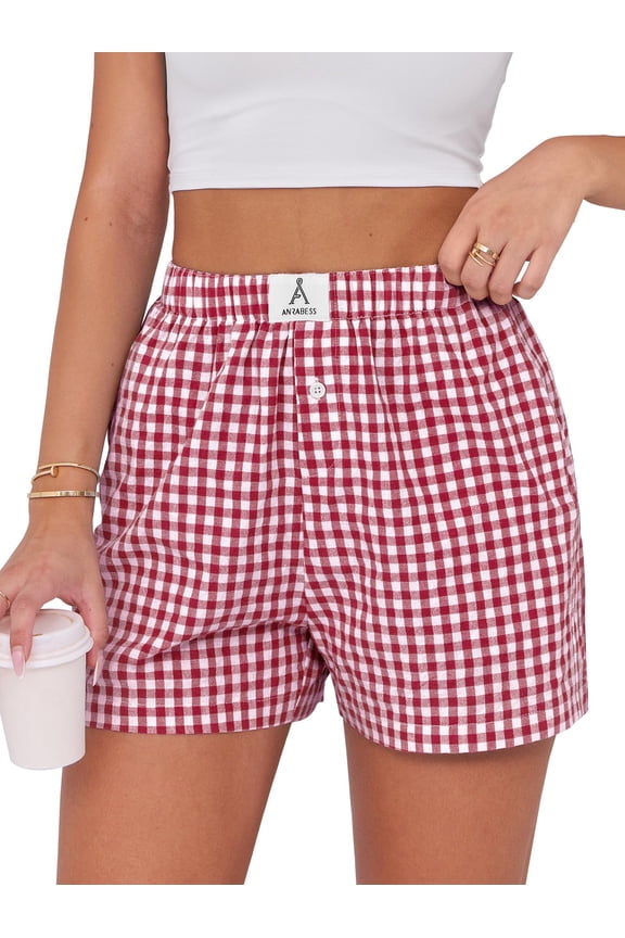 Boxer Shorts for Women Pajama Gingham Shorts 2026 Summer Casual Lounge Shorts Elastic Waist Beach Sleep Shorts Trendy Y2K Plaid Pajama Bottoms with Pockets