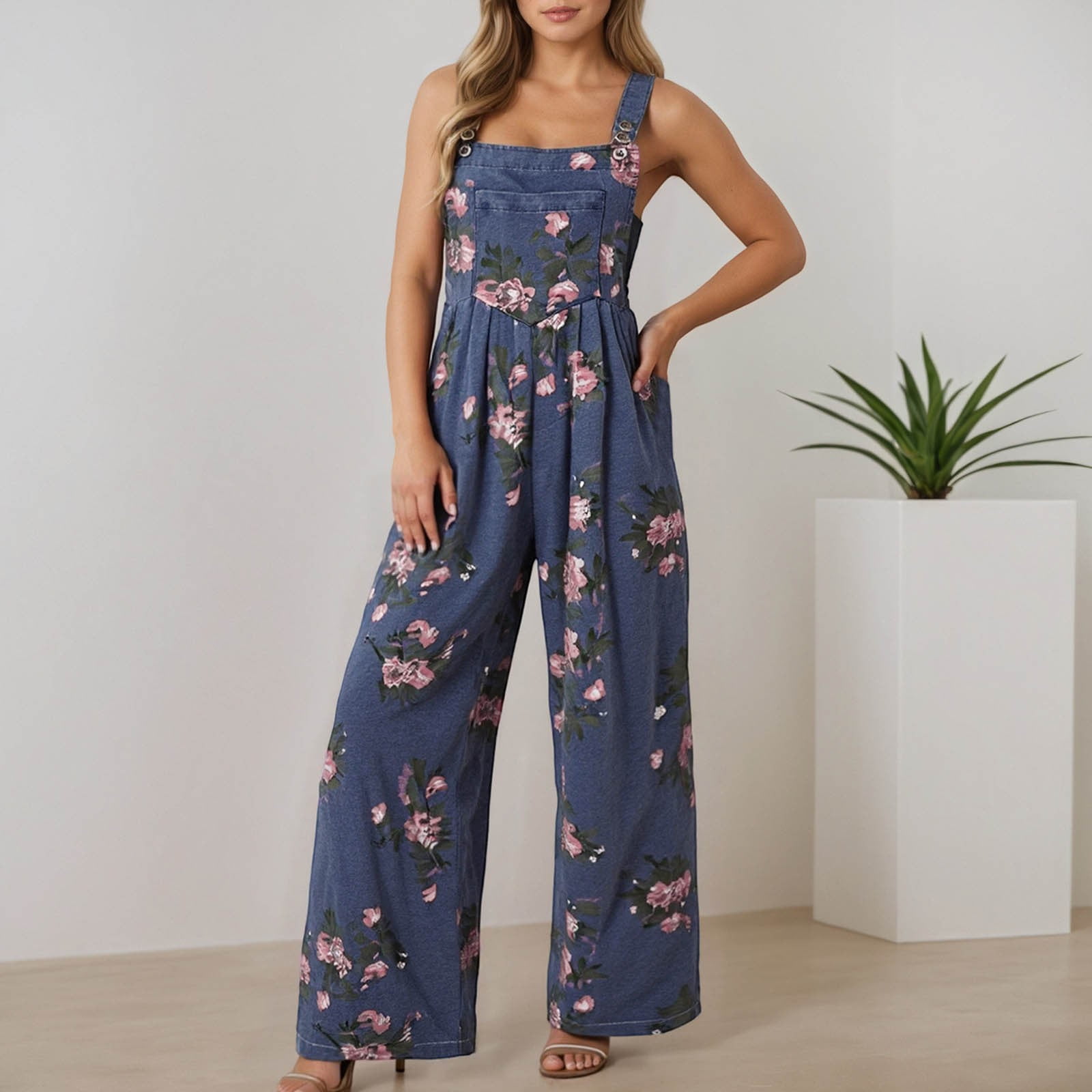 Plus Size Floral Print Denim Jumpsuit For Casual Sleeveless