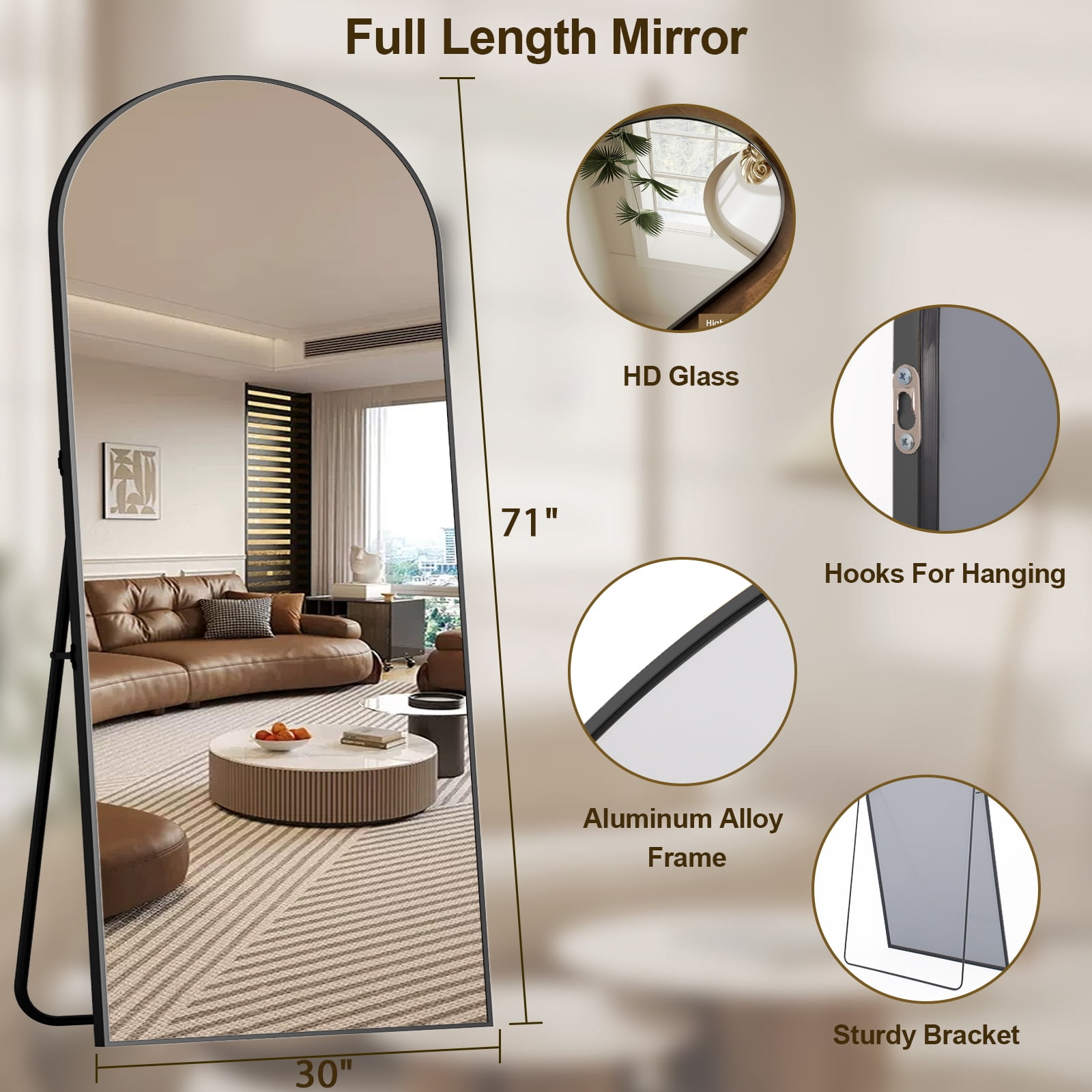 Easy4Home 71"x 30" Arch-Top Floor Mirror Metal Frame Free-Standing & Wall-Mounted, Black