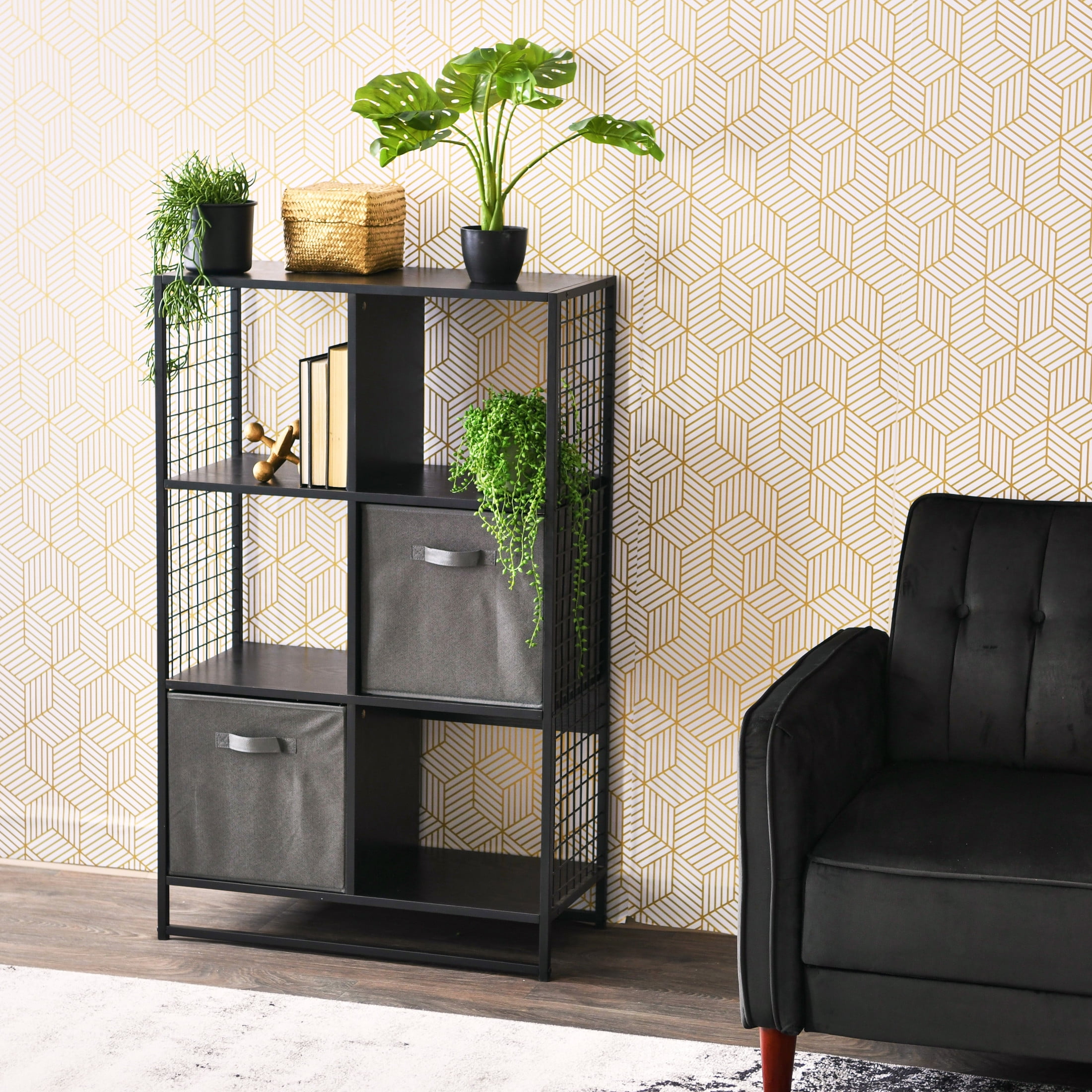 Household Essentials Fabric Storage Bins 2 Piece Set, Strong Poly-Woven Fabric, Sturdy Chipboard Sides, Grommet Front Handle, Stackable and Foldable, Classic Design, Black Cobblestone
