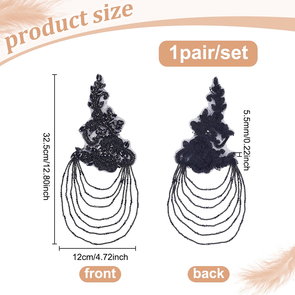 1Pair Rhinestone Sewing Ornaments with Glass Seed Beads Flower Black 325x120x5.5mm