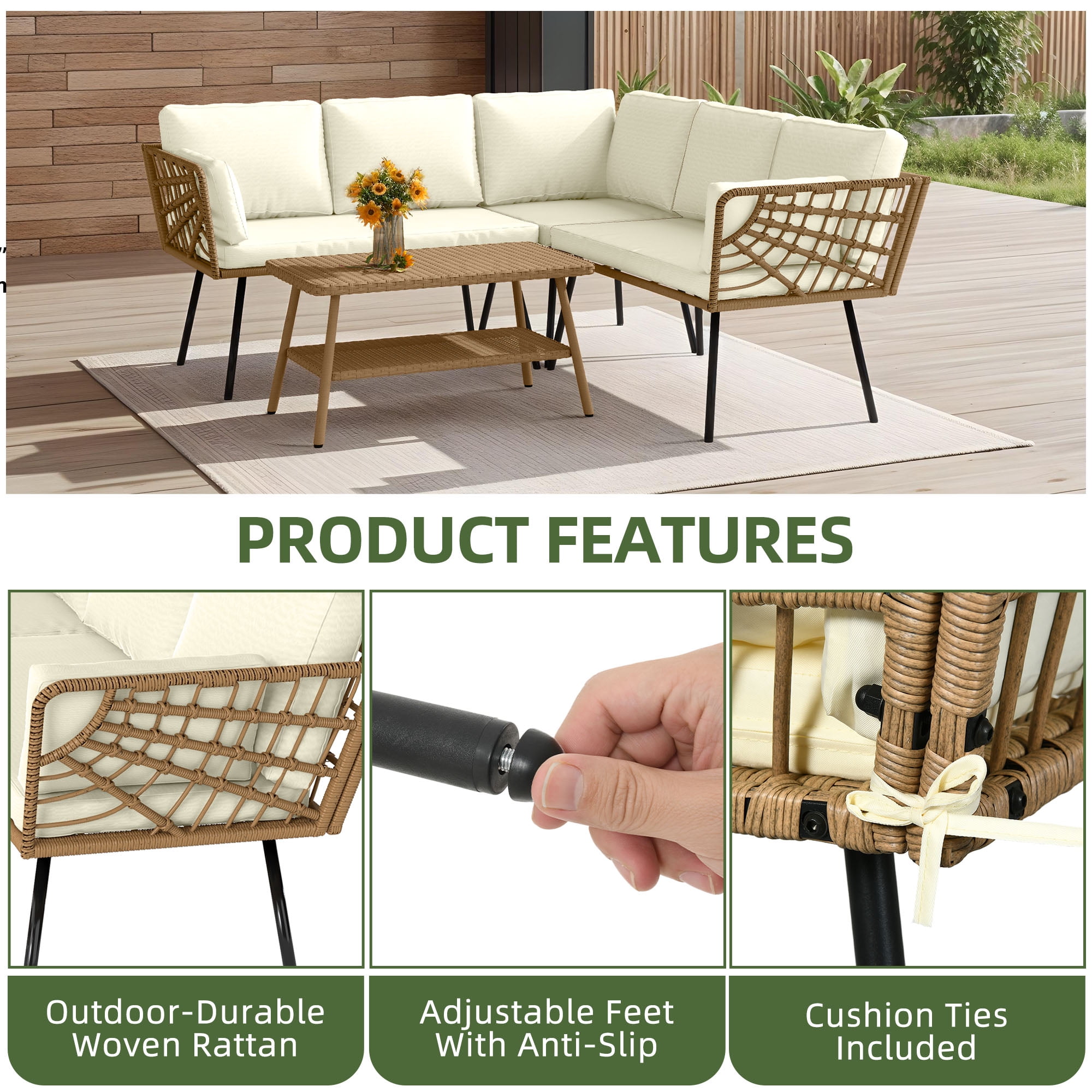 Uforic 4 Piece Outdoor Patio Furniture Set, Rattan Wicker Outdoor Conversation Sectional Sofa Set, Beige