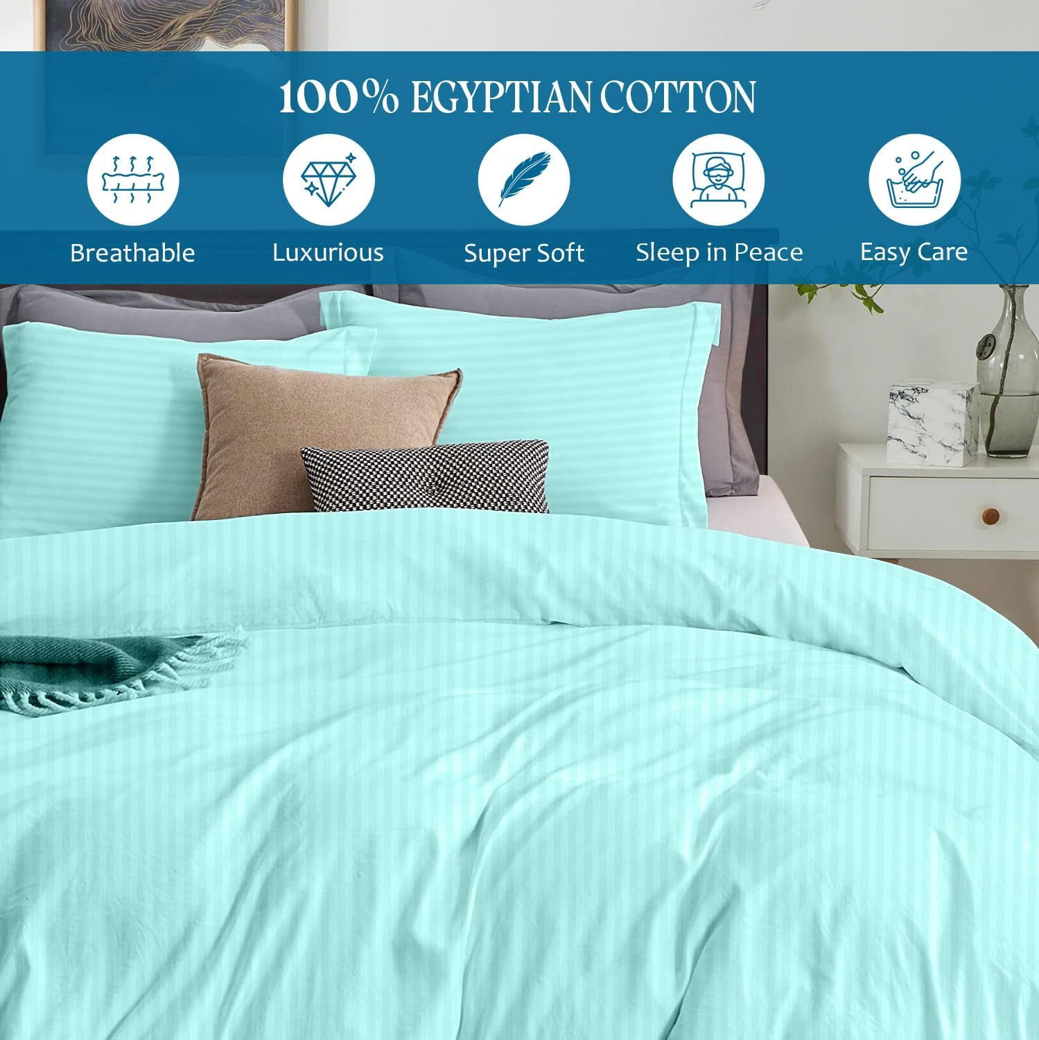 500 TC 100% Egyptian Cotton Premium Duvet set Zipper Closur Ultra Soft Durable and Fade Resistant Color Aqua Blue Stripe size Twin/Twin XL