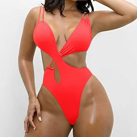 Summer Savings  Women s Solid Color Swimwear  Strapped Swimsuits  One-Piece  High-Waisted  Beach  Pool  Comfortable  Spandex  Quick Dry  Bikini  Tankini  Onepiece Swimsuit Women | Red XL  Sopatenor