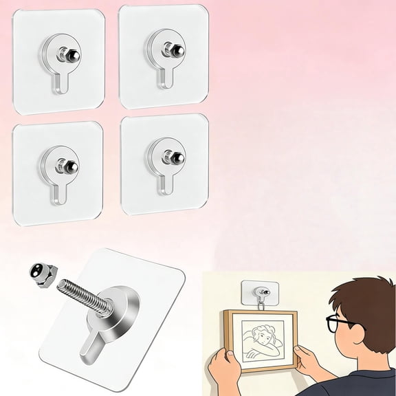 Drill Free Adhesive Hooks, Topboutique Adhesive Wall Mount Screw Hooks, 6 Pcs Picture Hangers Without Nails, Nail Free Wall Hangers for Wall Mount,Kitchen,Bathroom,Home (2.75*2.75 inches)