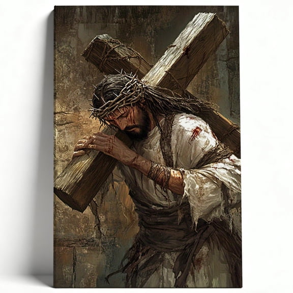 Jesus Carrying the Cross Canvas Wall Art Christian Passion of Christ Oil Painting Catholic Living Room Church Devotional Decor Print Ready to Hang 8*12