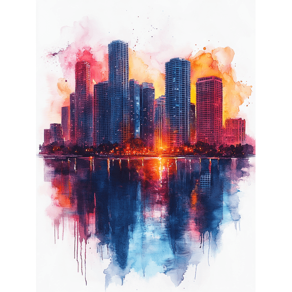 Sunset Cityscape Watercolor Painting/Canvas Art, Suitable for Living Room, Bedroom, Office, Hotel, and Restaurant Decoration.