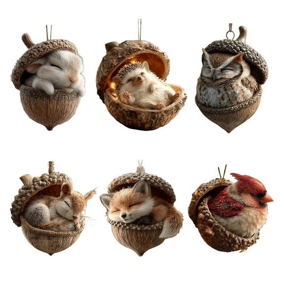 Woodland Acorn Forest Creature Figurines: 6PCS 2D Acrylic Pine Cone Animals Sleeping Miniatures for Christmas Tree & Holiday Home