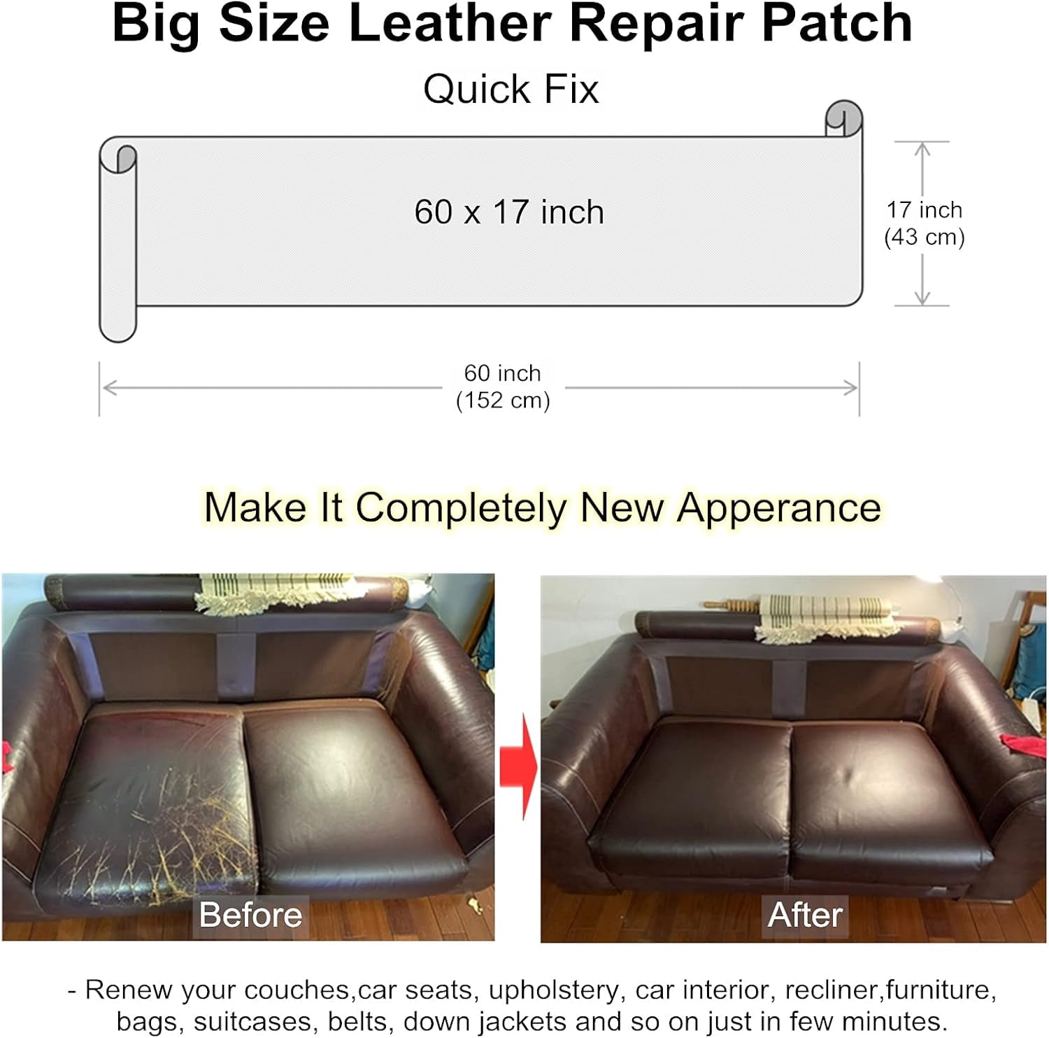 Large Leather Repair Patch 17x60 Inch, Furniture Leather Seat Repair Sticker, Leather Repair Tape, Self Adhesive Waterproof Patch Kit for Car Seat,Couch,Boat Seat,Chair (Beige White)