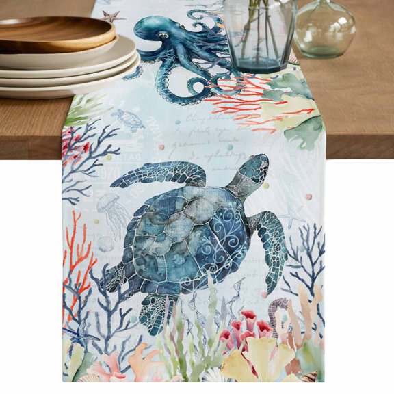 Table Runner 108 Inches Long for Kitchen Dining, Sea Turtles Dresser Scarf Farmhouse, Dining Table Decorations for Wedding/Parties, Oceans Octopus Starfish Seahorse Coral 13 x 108 In