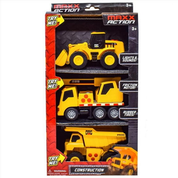 Maxx Action Mini Construction Lights & Sounds Vehicles – 3 Pack with Front End Loader, Excavator and Dump Truck