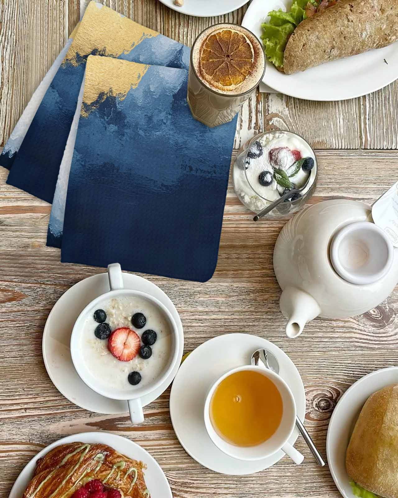 Navy Blue Kitchen Dish Towels for Drying Dishes Set of 3, Abstract Modern Oil Painting Art Waffle Weave Microfiber Hand Tea Bathroom Towels Quick Dry & Absorbent Towel 15.7x23.6