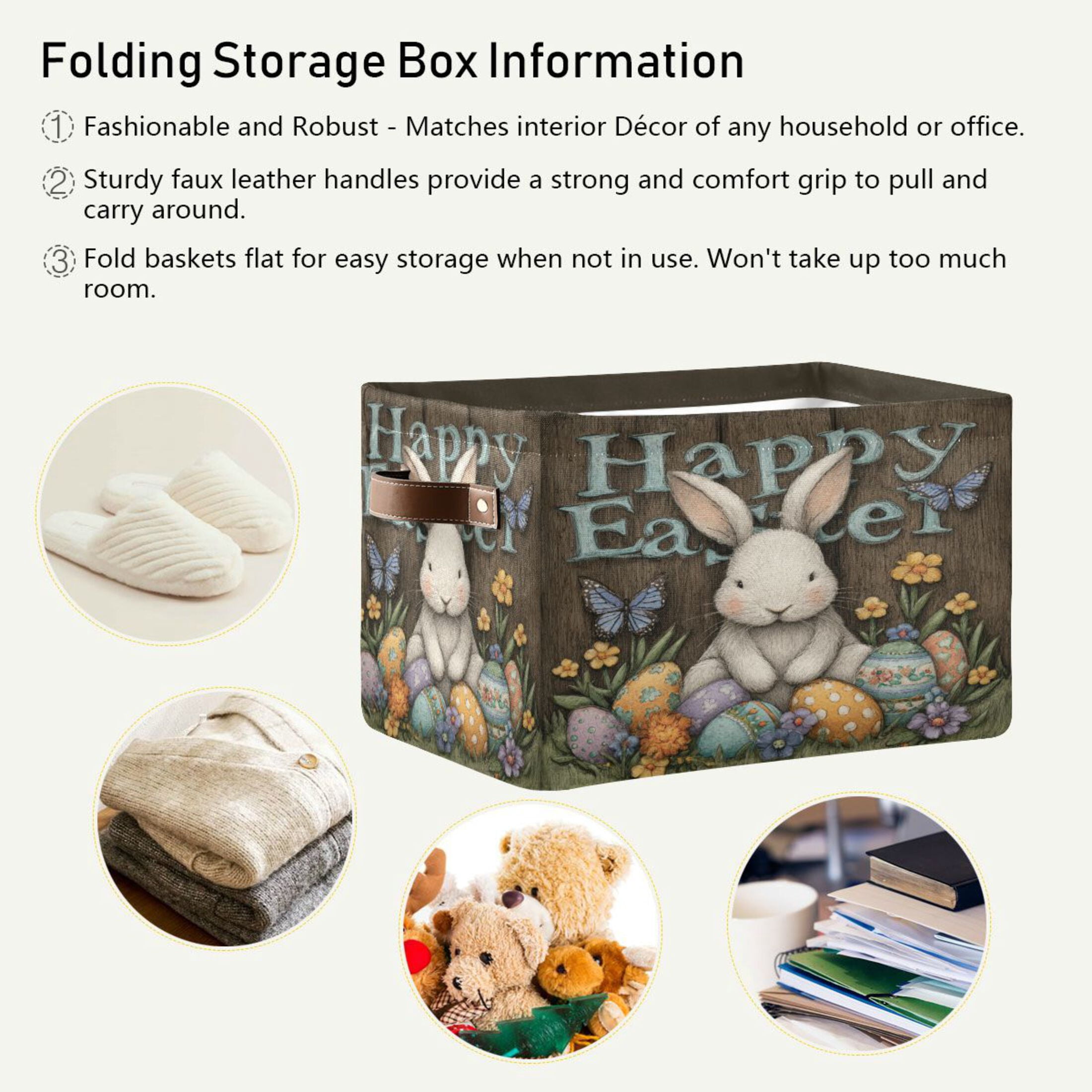 Wobogo Cute Easter Bunny Square Storage Basket Set of 2 with Waterproof Canvas and PE Lining Durable PU Leather Handles 14.2×10.2×8.3in