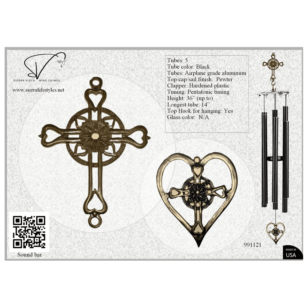 Wind Chime - 36in Cross/Heart - Black Tube