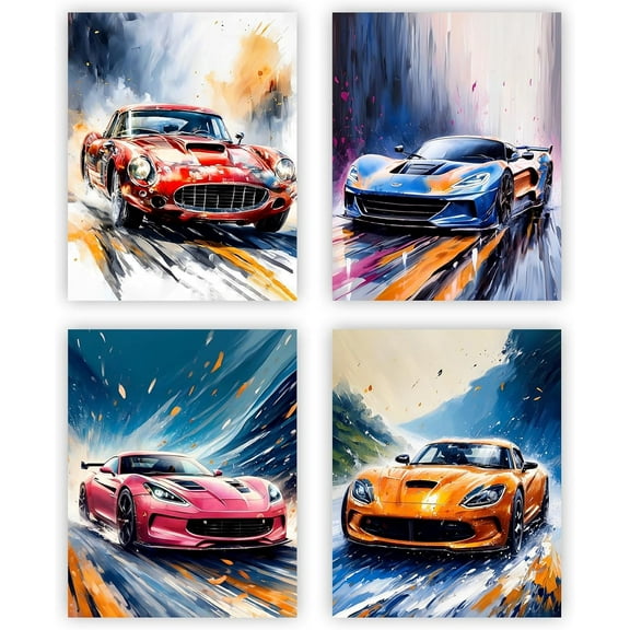 Sports Car Wall Art, Modern Racing Cars Canvas Prints, Colorful Automotive Posters for Man Cave Boys Room Bedroom Decor, Set of 4 (8"x10" Unframed)