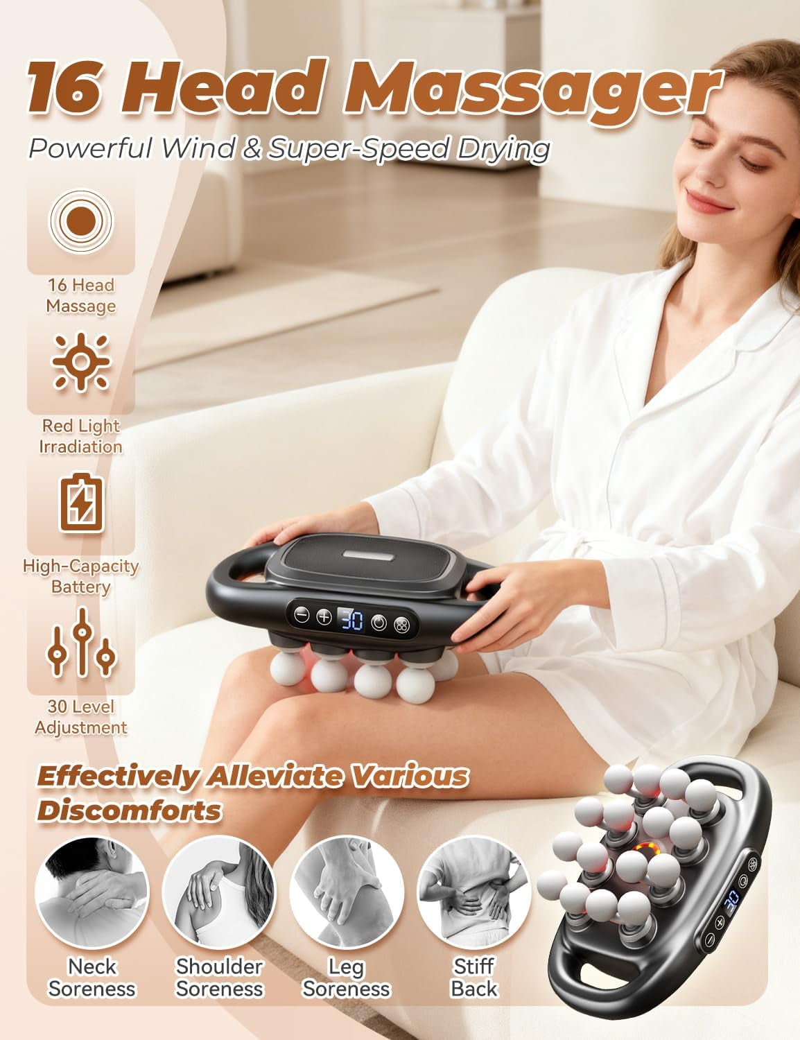 Massager - 16 Head Massage Gun Deep Tissue for Pain Relief, Pro Massager with 3 Modes & 30 Levels, Back Massagers for Back, Shoulders, Legs, Foot, Body, Fast Relief