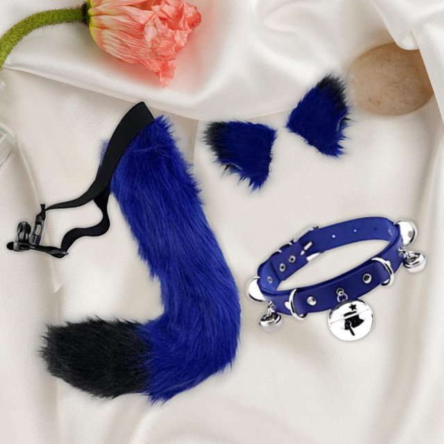 Conjunto de orejas y cola de piel sintética Accesorios de disfraces de cosplay Gargantilla de cuello de cuero de PU de regalo para fiestas temáticas Azul negro Fernando Cola para la cabeza