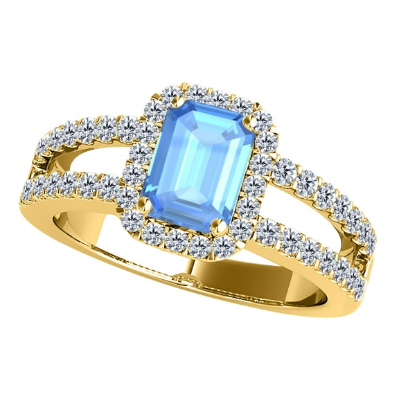AoneJewelry Gemstone 2 Carat Emerald Cut Natural Blue Topaz and Diamond Prong Set Ring in 10k Yellow Gold