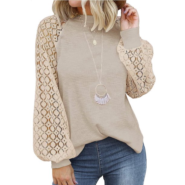 ICHUANYI Clearance Women's Long-sleeved Lace Stitching Loose Tops Solid Sweatershirt(Khaki, XL) ICHUANYI WER2023081505164