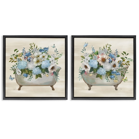 Stupell Industries Butterfly Hydrangea Bathtub Bath & Laundry Painting Black Floater Framed Canvas Art Print Wall Art, 18 x 18, Set of 2