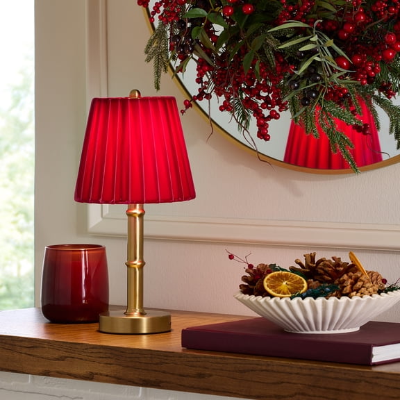 Better Homes & Gardens 13 in Red Velvet Pleated Portable Table Lamp