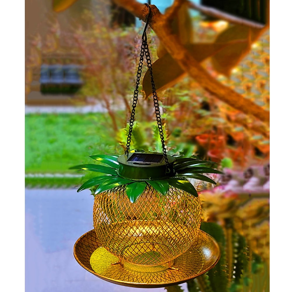 Solar Pineapple Shape Bird Feeder with LED Weather Resistance Hanging Design Metal Bird Food Container Outdoors Hanging Garden Yard Backyard Terrace Decoration