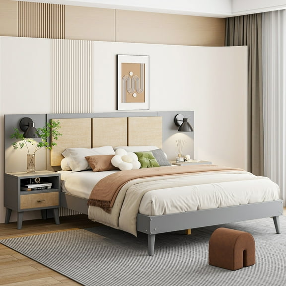 Gray Solid Wood Queen Bed With 2 Storage Nightstands & Built-in Lamps For A Lasting Bedroom Modern Frame