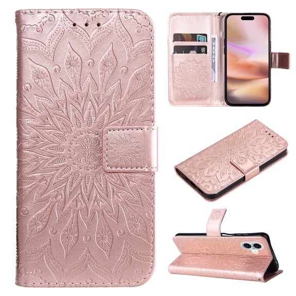 Allytechgroup for iPhone 16 Case Wallet, Sunflower Embossed PU Leather Flip Cover Stand Hand Strap Shockproof Stylish Cards Slots Phone Case for iPhone 16, Rosegold