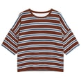 thumbnail image 4 of VOUZZA Women Retro Striped T-Shirt Summer Colorblock Short Sleeve Tee Loose Fit Drop Shoulder Casual Streetwear Pullover Tops, 4 of 4