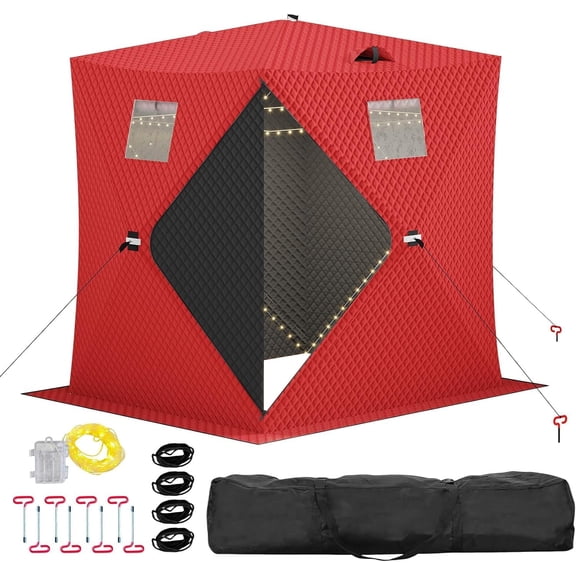 Pop-Up Ice Fishing Tent for 2-3 People Insulated Hub Shelter with LED Light Strip 25 sq ft