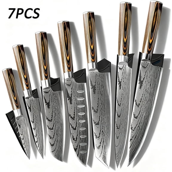 TVQUYET 7-Piece Kitchen Chef's Knife Set Damascus Laser Japanese Knife High Carbon Stainless Steel Sharp Cooking Knife with Wooden Handle