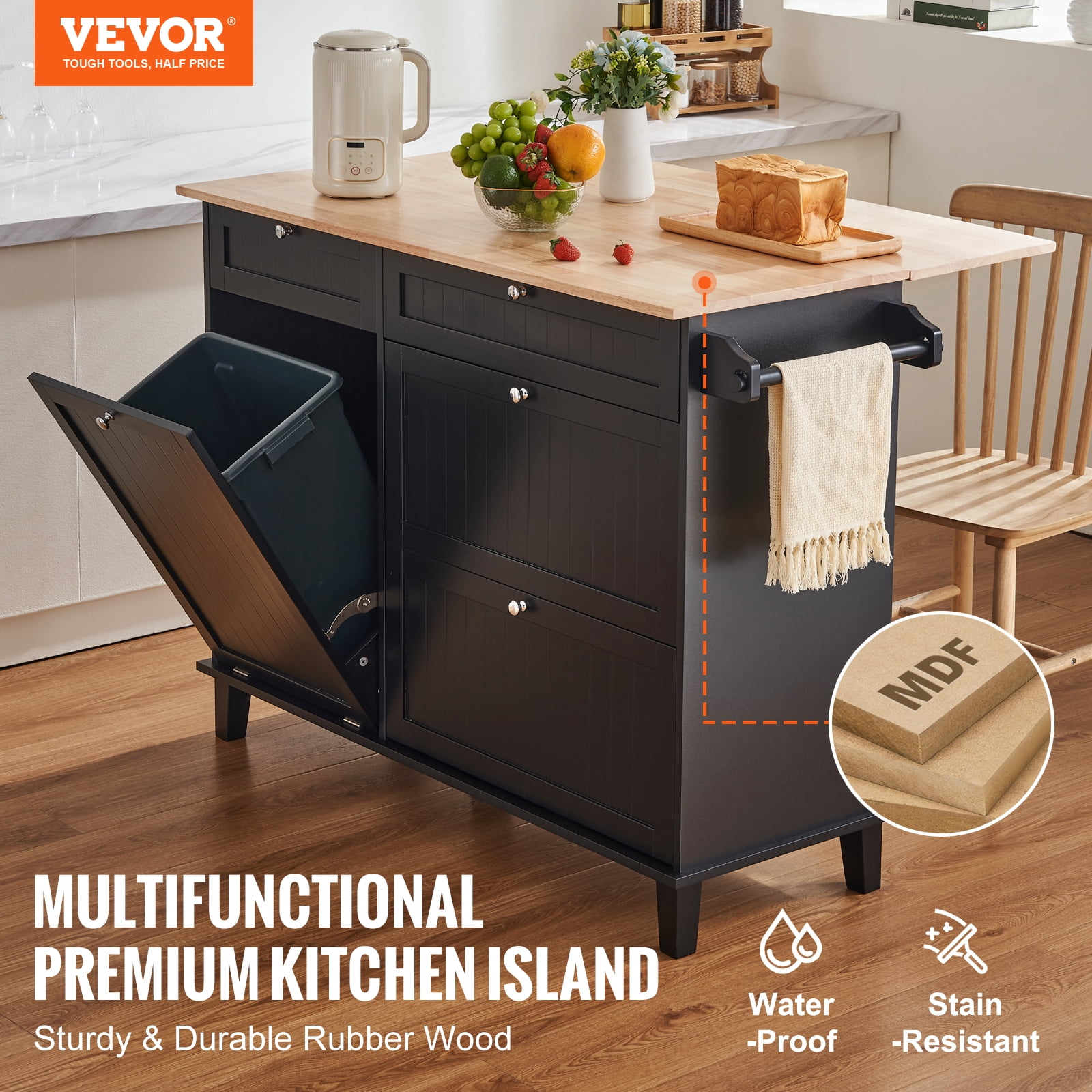 VEVOR Kitchen Island Cart, 50" Wood Top Breakfast Bar with Trash Cabinet Tilt Out 10 Gallon Storage, Farmhouse Dining Living Room Table with Drop Leaf, Towel Bar, Drawer, Black